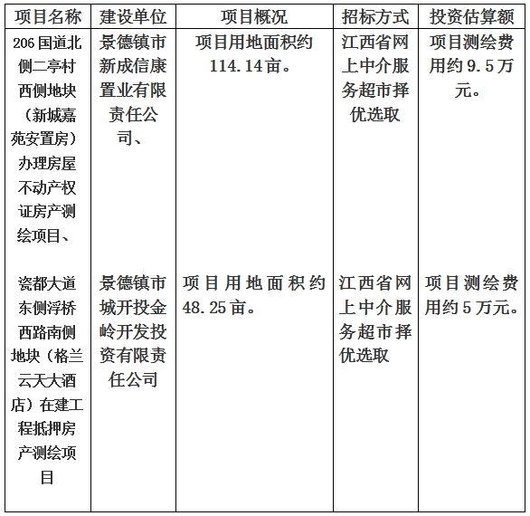 景德镇市206国道北侧二亭村西侧地块（新城嘉苑安置房）办理房屋不动产权证房产测绘项目、瓷都大道东侧浮桥西路南侧地块（格兰云天大酒店）在建工程抵押房产测绘项目计划公告