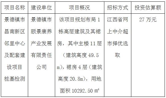 景德镇市昌南新区邻里中心及配套建设项目桩基检测招标计划公告
