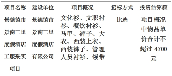 景德镇市景南三里度假酒店工服采买项目计划公告