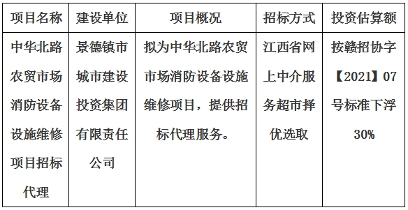 中华北路农贸市场消防设备设施维修项目招标代理计划公告