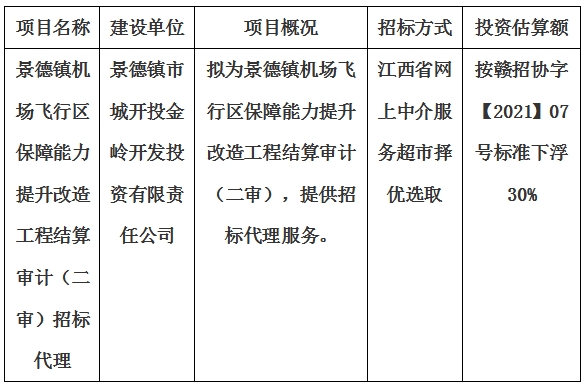 景德镇机场飞行区保障能力提升改造工程结算审计（二审）招标代理计划公告