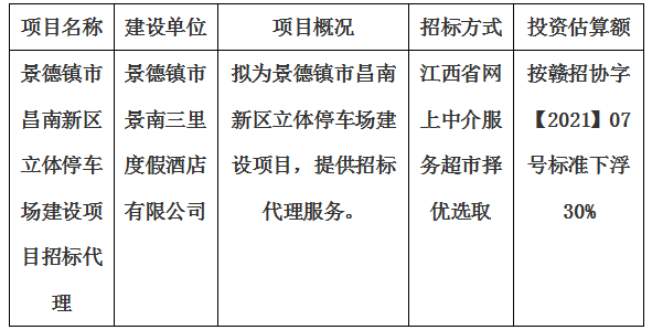 景德镇市昌南新区立体停车场建设项目设计招标代理计划公告