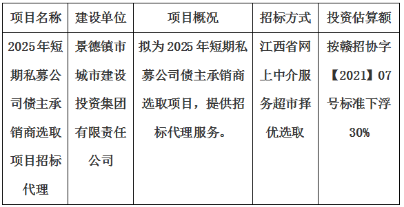 2025年短期私募公司债主承销商选取项目招标代理计划公告