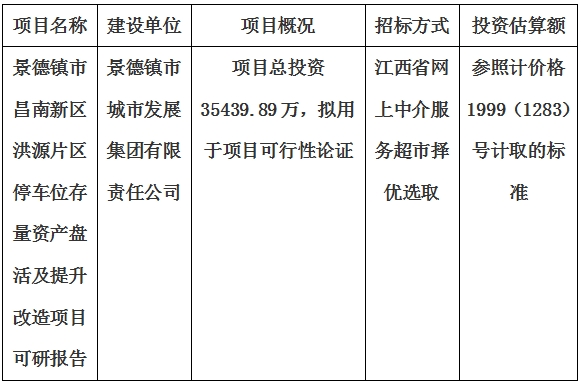 景德镇市昌南新区洪源片区停车位存量资产盘活及提升改造项目可研报告计划公告