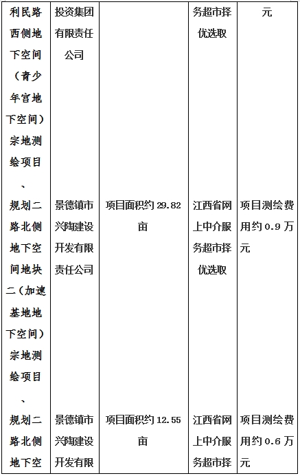 景德镇市昌南新区LJ1-03-A01-1地块、瓷都大道东侧中渡口地下空间（格兰云天大酒店地下空间）、光明大道北侧利民路西侧地下空间（青少年宫地下空间）、规划二路北侧地下空间地块二（加速基地地下空间）、规划二路北侧地下空间地块一（加速基地地下空间）、景德大道南侧天宝桥西侧地块、景兴大道东侧如意路北侧地下空间(社会公共服务