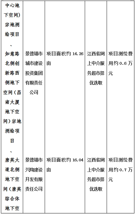 景德镇市昌南新区LJ1-03-A01-1地块、瓷都大道东侧中渡口地下空间（格兰云天大酒店地下空间）、光明大道北侧利民路西侧地下空间（青少年宫地下空间）、规划二路北侧地下空间地块二（加速基地地下空间）、规划二路北侧地下空间地块一（加速基地地下空间）、景德大道南侧天宝桥西侧地块、景兴大道东侧如意路北侧地下空间(社会公共服务