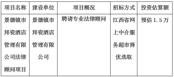 景德镇市拜瓷酒店管理有限公司法律顾问项目计划公告
