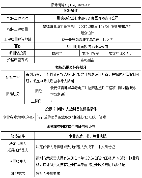 景德镇青塘半岛老电厂片区转型提质工程项目策划暨概念性规划设计招标公告