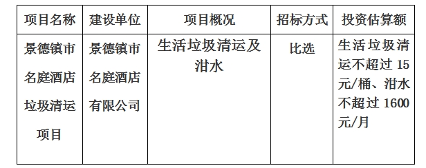 景德镇市名庭酒店垃圾清运项目计划公告
