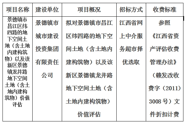景德镇市昌江区纬四路的地下空间土地(含土地内建构筑物)以及该新区景德镇龙井路地下空间土地(含土地内建构筑物)价值评估计划公告