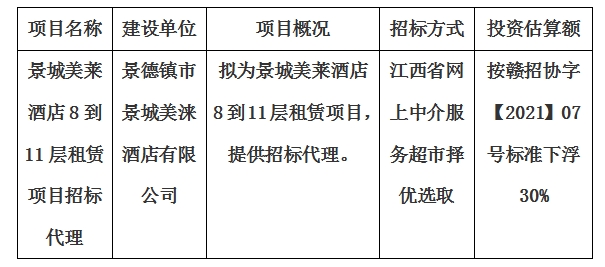景城美莱酒店8到11层租赁项目招标代理计划公告