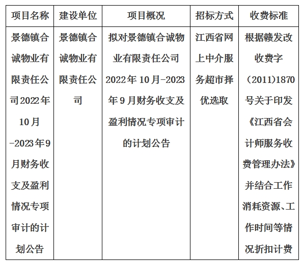 景德镇合诚物业有限责任公司2022年10月-2023年9月财务收支及盈利情况专项审计的计划公告