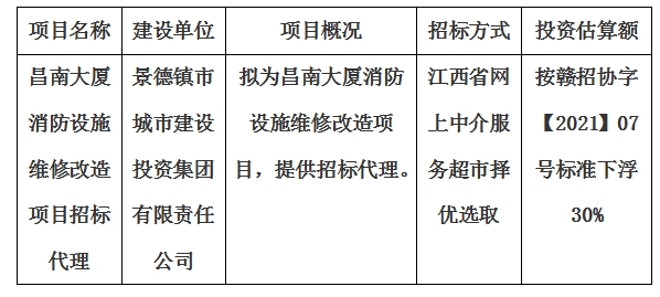 昌南大厦消防设施维修改造项目招标代理计划公告