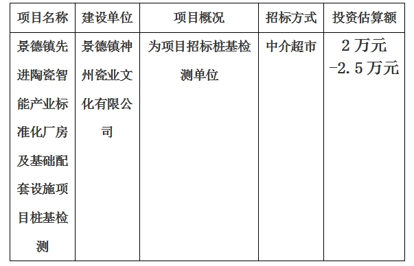 景德镇先进陶瓷智能产业标准化厂房及基础配套设施项目桩基检测计划公告
