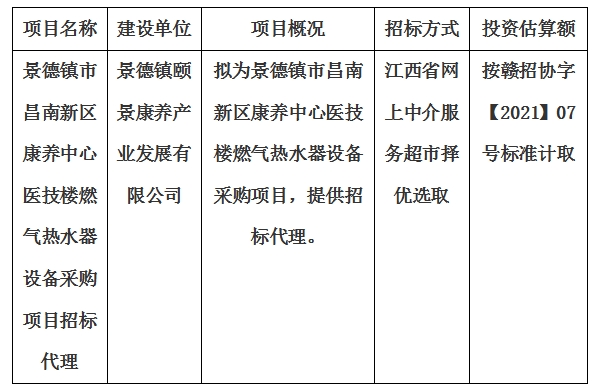 景德镇市昌南新区康养中心医技楼燃气热水器设备采购项目招标代理计划公告