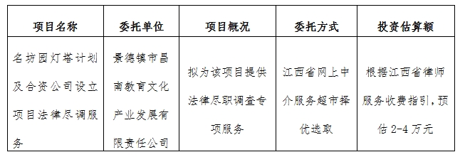 名坊园灯塔计划及合资公司设立项目法律尽调服务计划公告