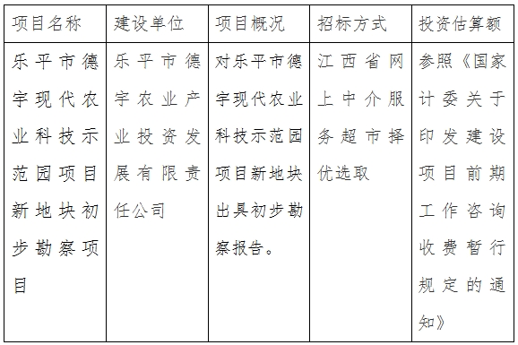 乐平德宇公司现代农业科技示范园项目新地块初步勘察项目计划公告