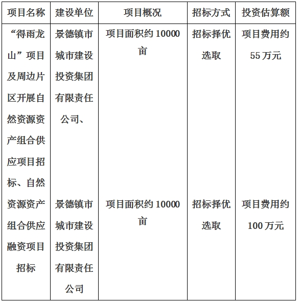 景德镇市“得雨龙山”项目及周边片区开展自然资源资产组合供应项目、自然资源资产组合供应融资项目招标计划公告