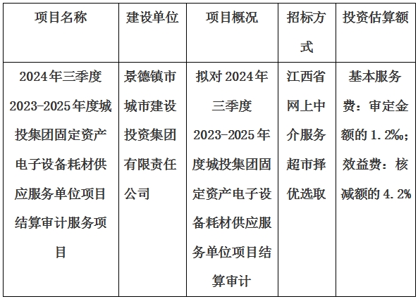 2024年三季度2023-2025年度城投集团固定资产电子设备耗材供应服务单位项目结算审计服务项目计划公告