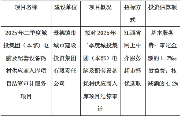 2025年二季度城投集团(本部)电脑及配套设备耗材供应商入库项目结算审计服务项目计划公告
