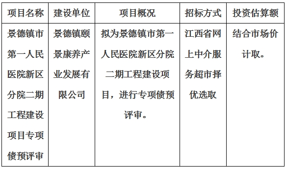景德镇市第一人民医院新区分院二期工程建设项目专项债预评审计划公告
