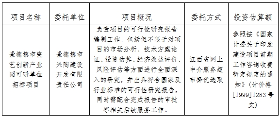 景德镇市瓷艺创新产业园可研单位招标项目计划公告