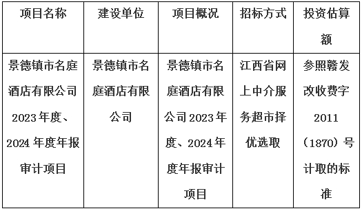 景德镇市名庭酒店有限公司2023年度、2024年度年报审计项目计划公告