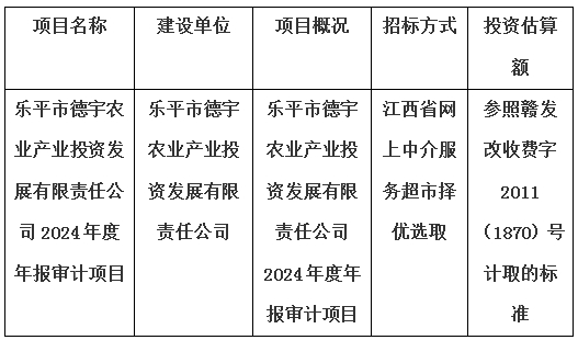 乐平市德宇农业产业投资发展有限责任公司2024年度年报审计项目计划公告