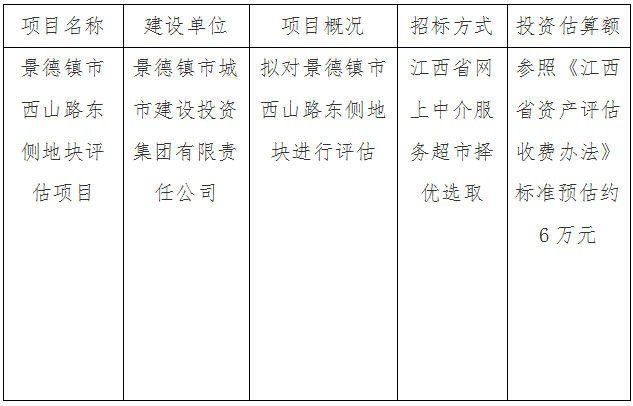 景德镇市西山路东侧地块评估项目计划公告