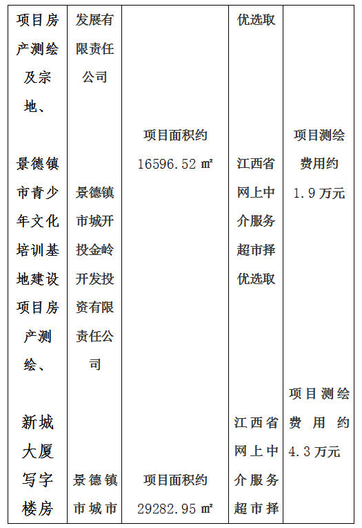 昌南新区托幼服务中心建设项目房产测绘及宗地、景德镇市青少年文化培训基地建设项目房产测绘、新城大厦写字楼房产测绘及落宗、景德镇市发展中心（一期）项目房产测绘项目计划公告