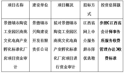 景德镇市陶瓷工业园区南苑文化电商产业孵化标准化厂房项目资金审计计划公告