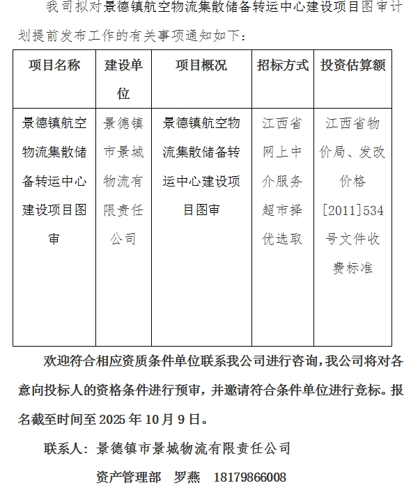 景德镇航空物流集散储备转运中心建设项目图审计划公告