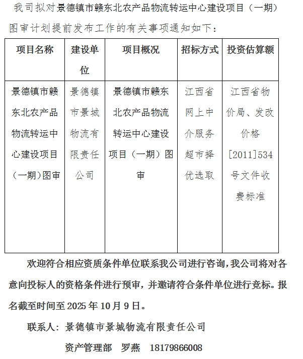 景德镇市赣东北农产品物流转运中心建设项目（一期）图审计划公告