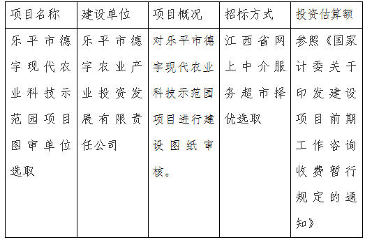 乐平市德宇现代农业科技示范园项目图审单位选取项目计划公告