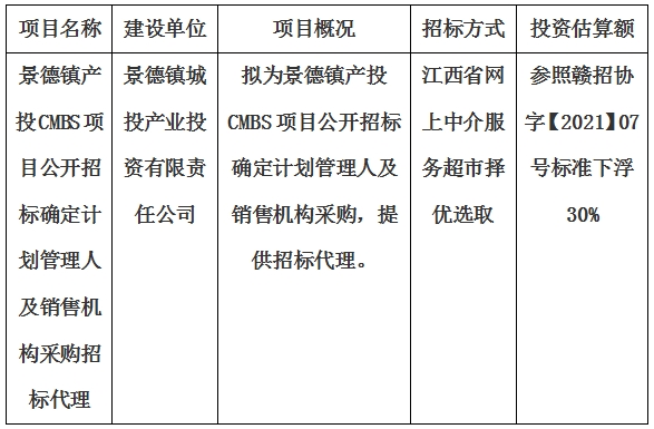 景德镇产投CMBS项目公开招标确定计划管理人及销售机构采购招标代理计划公告