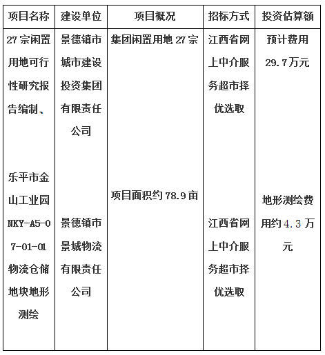 27宗闲置用地可行性研究报告编制、乐平市金山工业园NKY-A5-07-01-01物流仓储地块地形测绘项目计划公告
